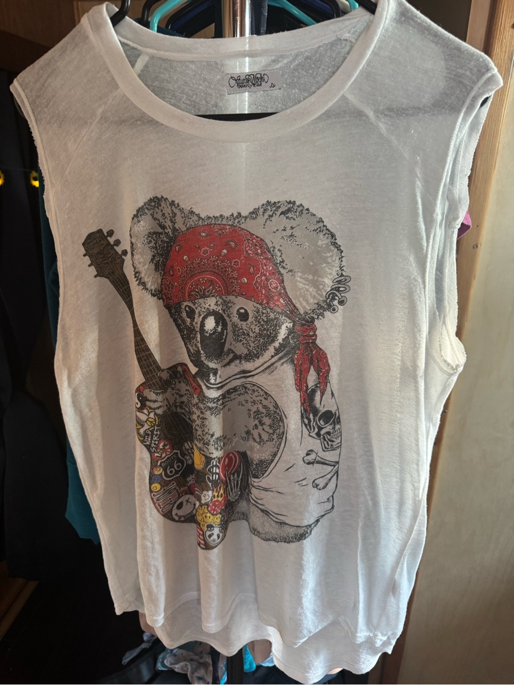 White Graphic Muscle Tee with Koala Guitar Print